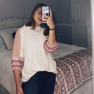 bubble sleeve pink embroidered top
